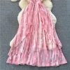 Printed Backless Dress Women Summer Criss Cross Flared Midi Beach Skirt Holiday Pleated Party Outfit