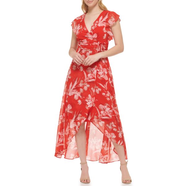 Women's Wrap Floral Hi-lo Maxi Dress – Flutter Sleeve Printed Chiffon Gown