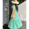 Women's Summer Hollow Out Embroidery Flower Dress Sexy V Neck Flying Sleeve Vacation Long Dress
