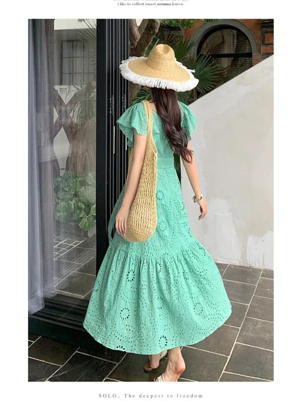 Women's Summer Hollow Out Embroidery Flower Dress Sexy V Neck Flying Sleeve Vacation Long Dress