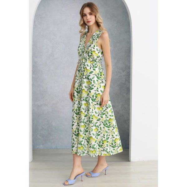 71SqDWTrLmL.jpg Women V Neck Sleeveless Cotton Midi Dress Lemon Printed Button Beach Vacation Summer Long Dress with Side Pockets