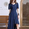 Women Summer Asymmetrical Puff Sleeve Vintage A-Line Jeans Dress V-Neck High Waisted Irregular Denim Dress