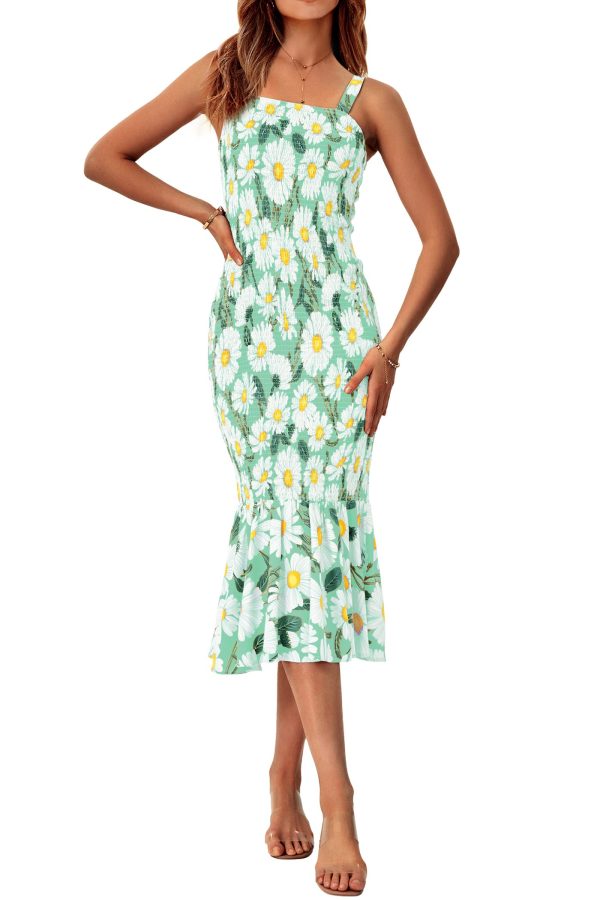 71TC1Nf4ZML.jpg Women's Summer Floral Midi Tank Dress Sleeveless Strappy Ruffle Hem Smocked Bodycon Dresses