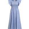 Womens Casual Summer Midi Dress Short Sleeve Smocked Linen Dresses 2025 Boho Beach Wedding Guest Dress with Pockets