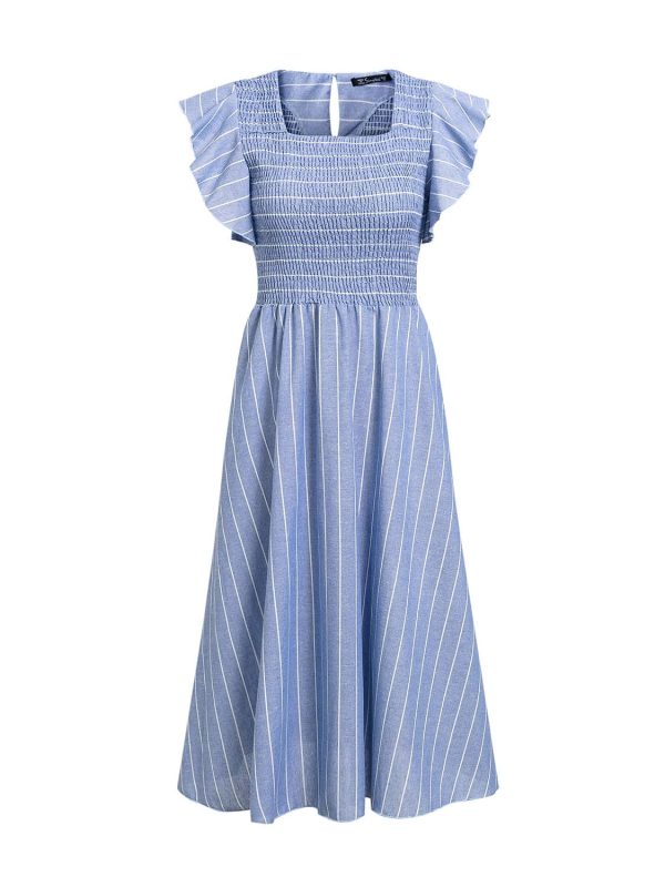 Womens Casual Summer Midi Dress Short Sleeve Smocked Linen Dresses 2025 Boho Beach Wedding Guest Dress with Pockets