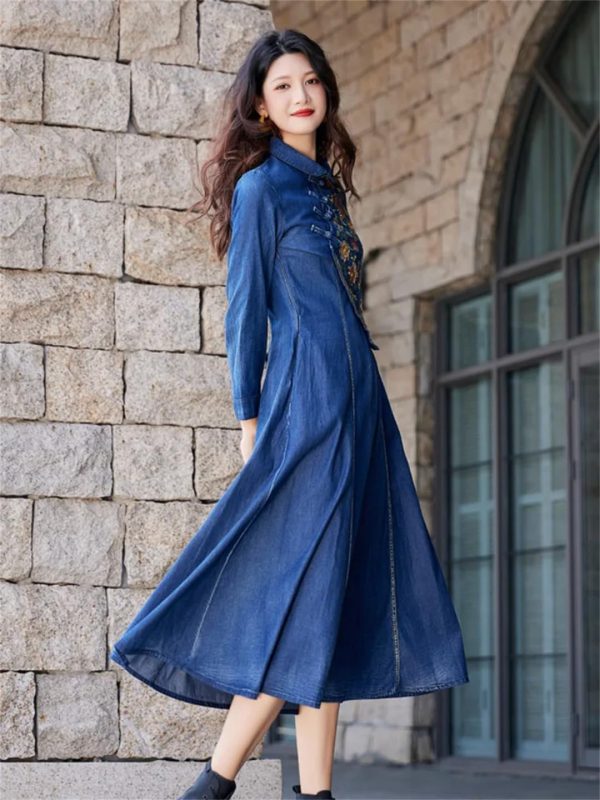 71U7WsUKf2L.jpg Women A-Line Denim Dress Embroidery Floral Vintage Midi Dress Long Sleeve Slim Joint Jeans Dress