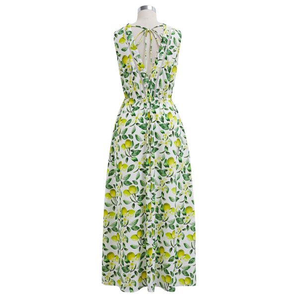71USaP-NvL.jpg Women V Neck Sleeveless Cotton Midi Dress Lemon Printed Button Beach Vacation Summer Long Dress with Side Pockets
