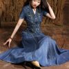 Women Asymmetrical Single Breasted Vintage A-Line Denim Dresses V-Neck Retro Embroidery Slim Jeans Dress