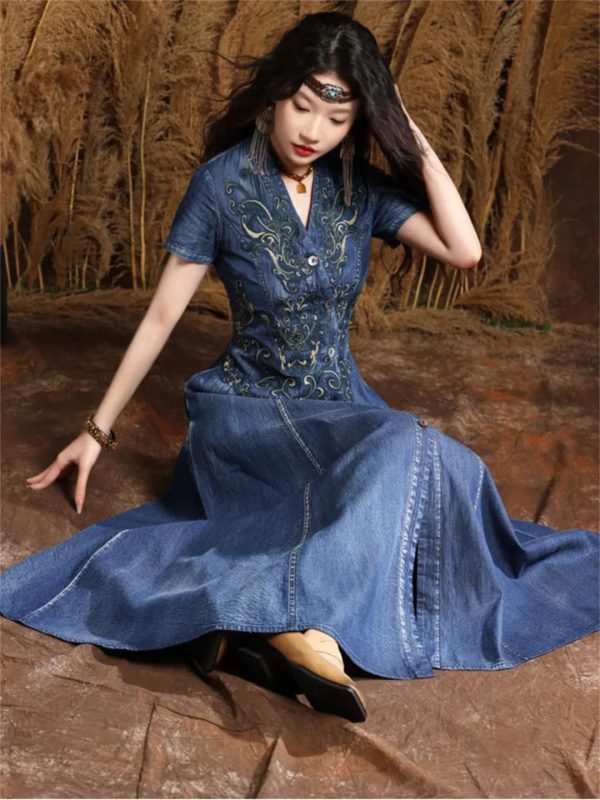 71UYPGklwFL.jpg Women Asymmetrical Single Breasted Vintage A-Line Denim Dresses V-Neck Retro Embroidery Slim Jeans Dress