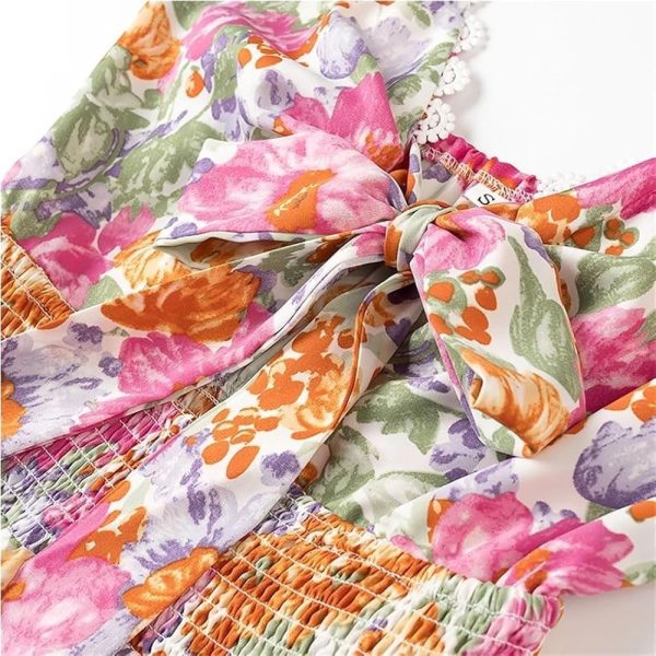 71Vg2uphzYL.jpg Front Knotted Floral Print Slip Dress Women V Neck Spaghetti Straps Elastic Waist A Line Short Summer Skirt