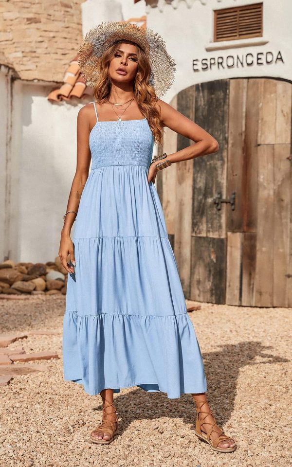 71W616MiBHL.jpg Women's Summer Maxi Dress 2025 Casual Boho Sleeveless Spaghetti Strap Smocked Tiered Long Beach Sundresses