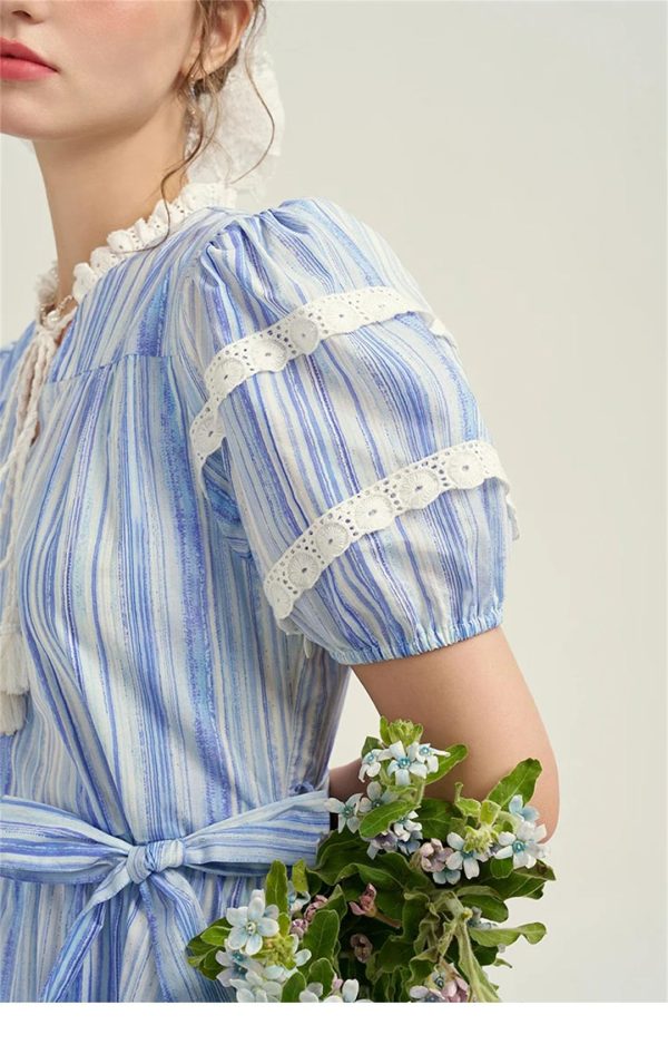 Women French Retro Striped Dress Round Neck Lace-Up Waist Tie Bubble Sleeve Elegant Dresses