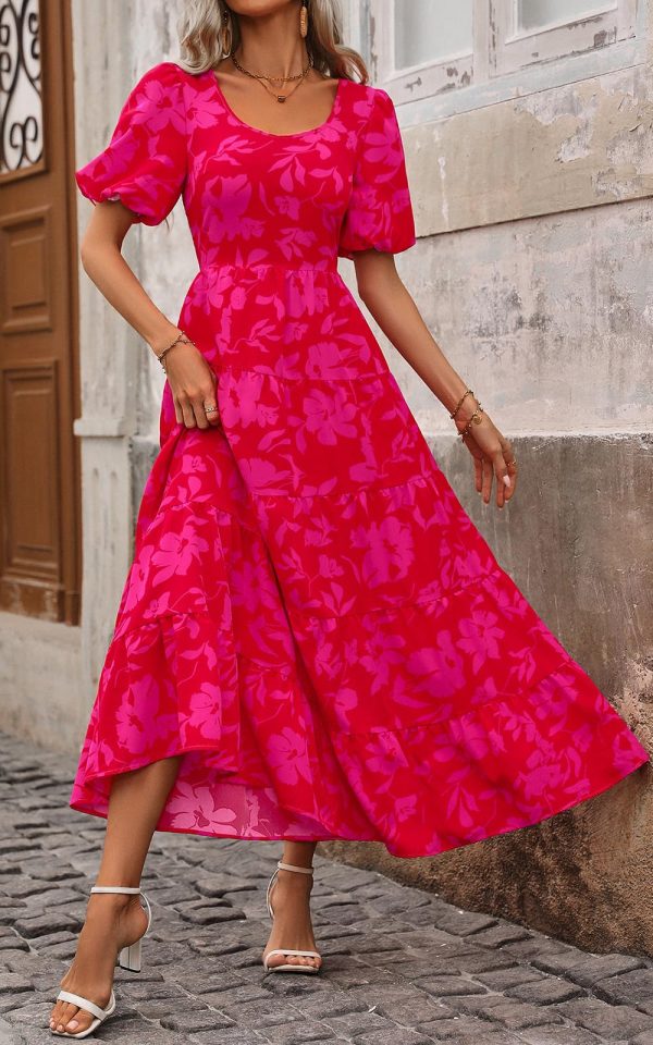 Womens Dresses 2025 Puff Sleeve Floral Casual Summer Dresses Smocked Backless Beach Flowy Tiered Maxi Dress