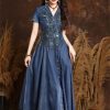 Women Asymmetrical Single Breasted Vintage A-Line Denim Dresses V-Neck Retro Embroidery Slim Jeans Dress