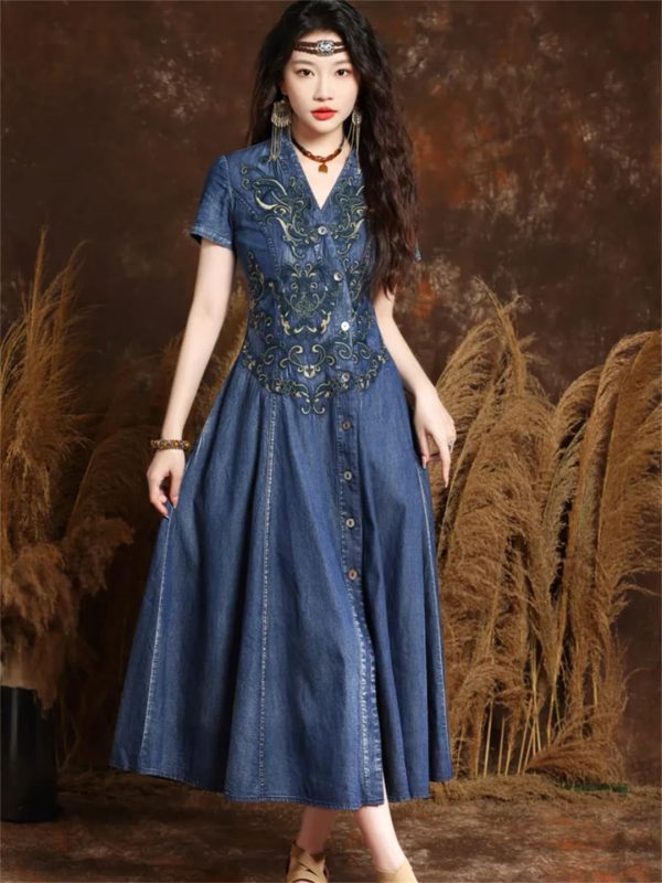 71WaCnrsuPL.jpg Women Asymmetrical Single Breasted Vintage A-Line Denim Dresses V-Neck Retro Embroidery Slim Jeans Dress