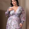 Spring Summer 2024 Plus Size Womens Dresses V Neck Casual Elegant Ruffle Sleeve Floral Print Layer Hem Long Maxi Dress