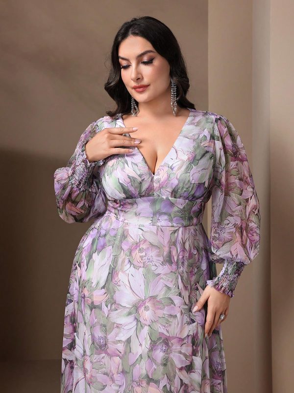 71X3gQLIF8L.jpg Spring Summer 2024 Plus Size Womens Dresses V Neck Casual Elegant Ruffle Sleeve Floral Print Layer Hem Long Maxi Dress