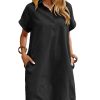 Womens Cotton Shirt Dress Summer Casual Short Sleeve Button Down Beach Cover Up Shirts with Pockets