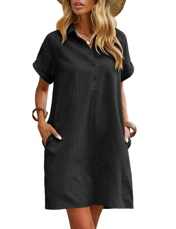 Womens Cotton Shirt Dress Summer Casual Short Sleeve Button Down Beach Cover Up Shirts with Pockets