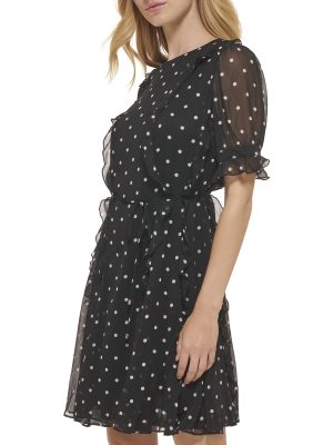 Women's Fit and Flare Chiffon Short Sleeve Round Neck Dress