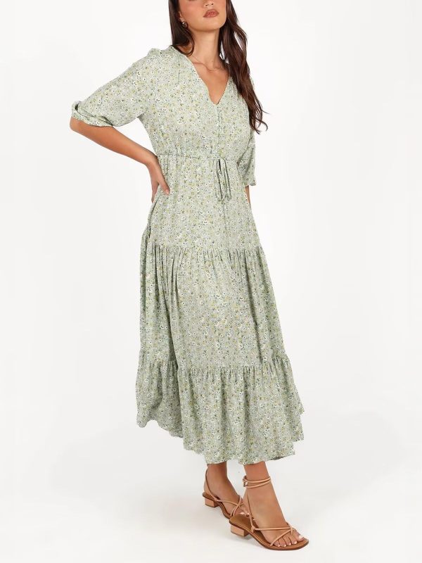 Women's Floral Print Maxi Long Dresses Deep V Neck Summer Beach Dress Half Sleeve A Line Flowy Dresses