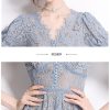 71ZB3V-mnzL.jpg Womens Big Swing Lace Hollow Out Dress Vintage Elegant Slim High Waist Single Breasted Sexy V-Neck Dress