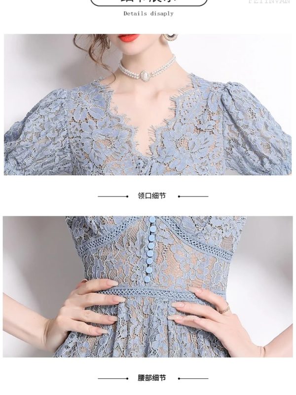 71ZB3V-mnzL.jpg Womens Big Swing Lace Hollow Out Dress Vintage Elegant Slim High Waist Single Breasted Sexy V-Neck Dress