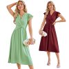 Womens Dresses Ruffle Short Sleeves Empire Waist Elastic V-Neck A-Line Maxi Dress Light Green ＆ Wine Red 2 Sets