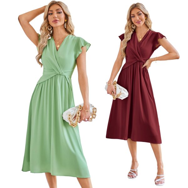 71Zme0pNC-L.jpg Womens Dresses Ruffle Short Sleeves Empire Waist Elastic V-Neck A-Line Maxi Dress Light Green & Wine Red 2 Sets