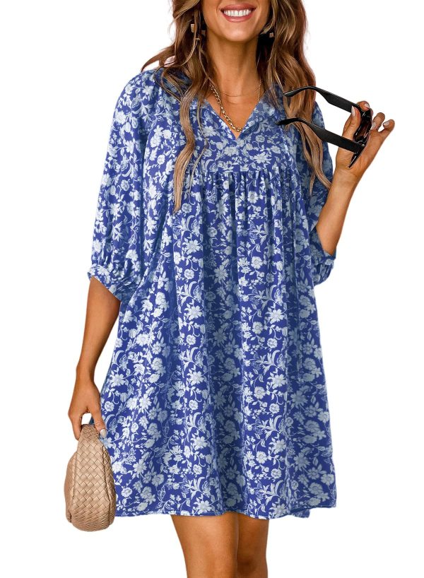 Womens Summer Dresses 2025 Boho Floral Drawstring V Neck Chiffon Lantern Sleeve Beach Vacation Mini Dress Sundress