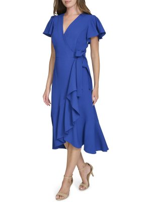 71Zxf5bfFL.jpg Women's V Neckline Midi Length Short Flutter Sleeve Dress