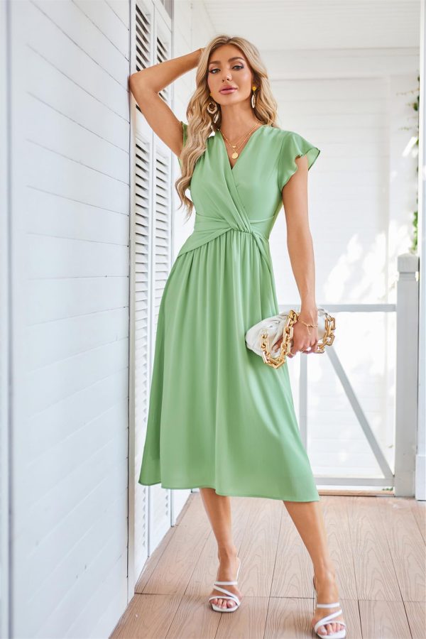 71a8nOG9cjL.jpg Womens Dresses Ruffle Short Sleeves Empire Waist Elastic V-Neck A-Line Maxi Dress Light Green & Wine Red 2 Sets