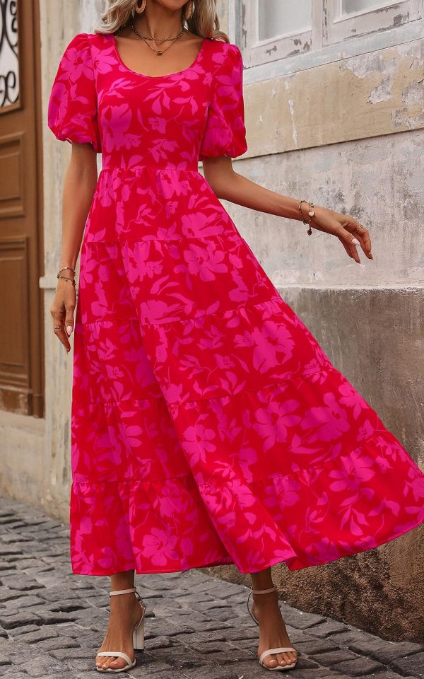 Womens Dresses 2025 Puff Sleeve Floral Casual Summer Dresses Smocked Backless Beach Flowy Tiered Maxi Dress