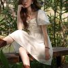 Women Square Neck Lace Dress Lace Up Waist Slim French A-LINE Dresses
