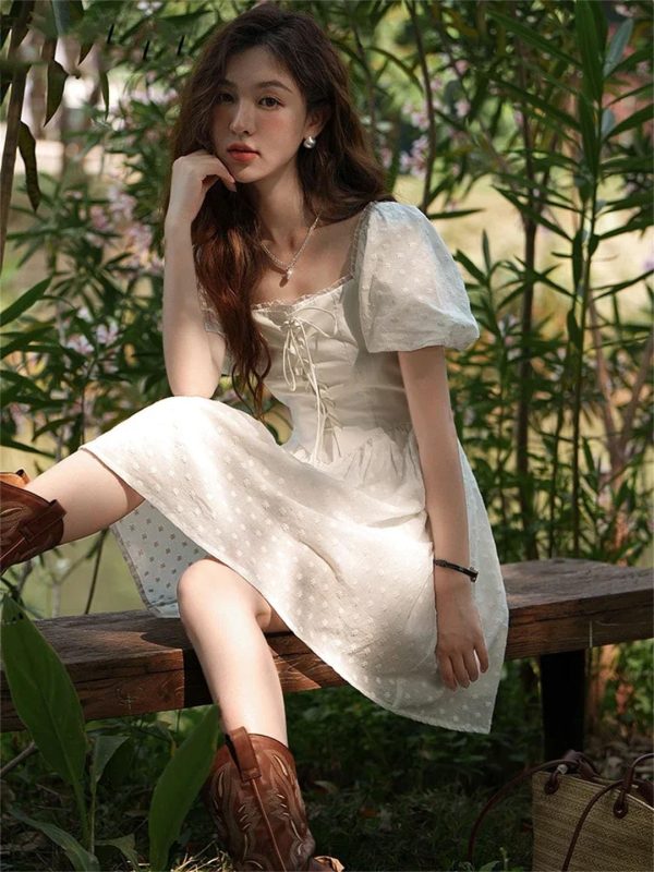 71akJTLgXOL.jpg Women Square Neck Lace Dress Lace Up Waist Slim French A-LINE Dresses