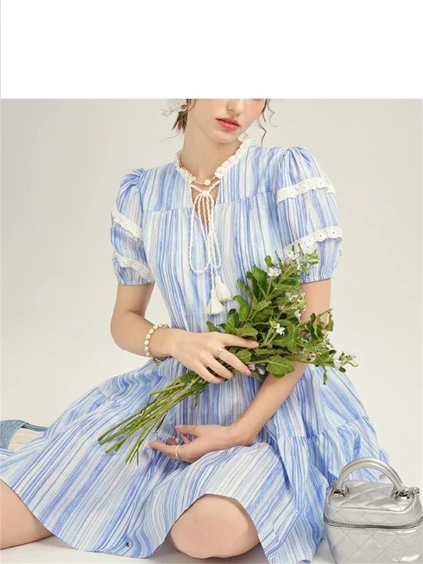 Women French Retro Striped Dress Round Neck Lace-Up Waist Tie Bubble Sleeve Elegant Dresses