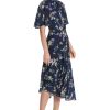 Women's Floral Printed Flutter Sleeve Midi Dress with Twist Mock Neck and Asymmetrical Hem