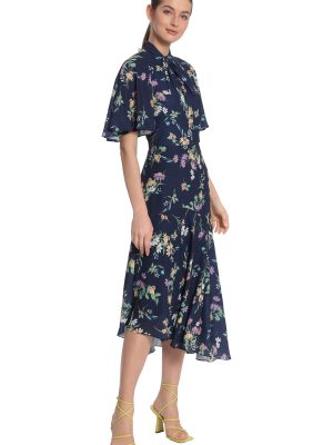 Women's Floral Printed Flutter Sleeve Midi Dress with Twist Mock Neck and Asymmetrical Hem