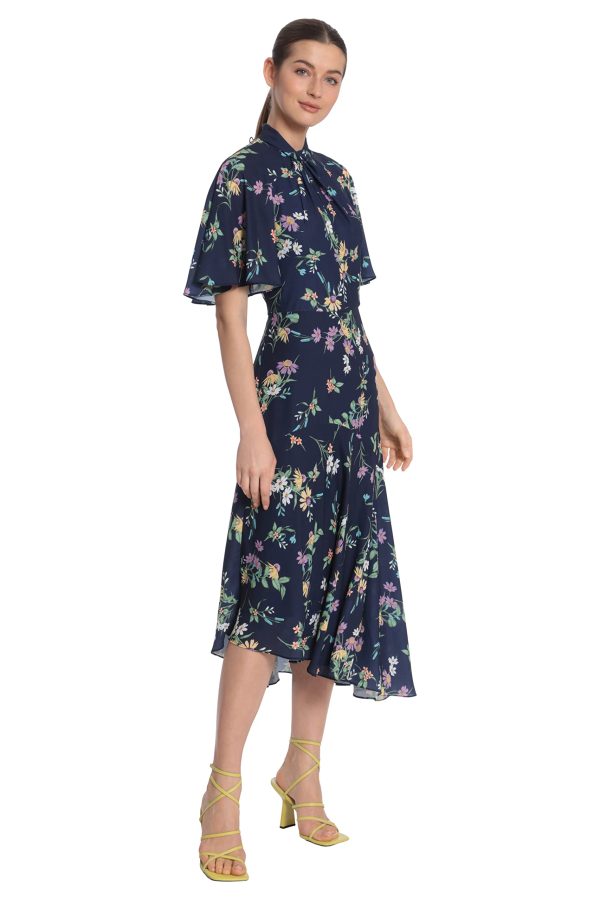 Women's Floral Printed Flutter Sleeve Midi Dress with Twist Mock Neck and Asymmetrical Hem