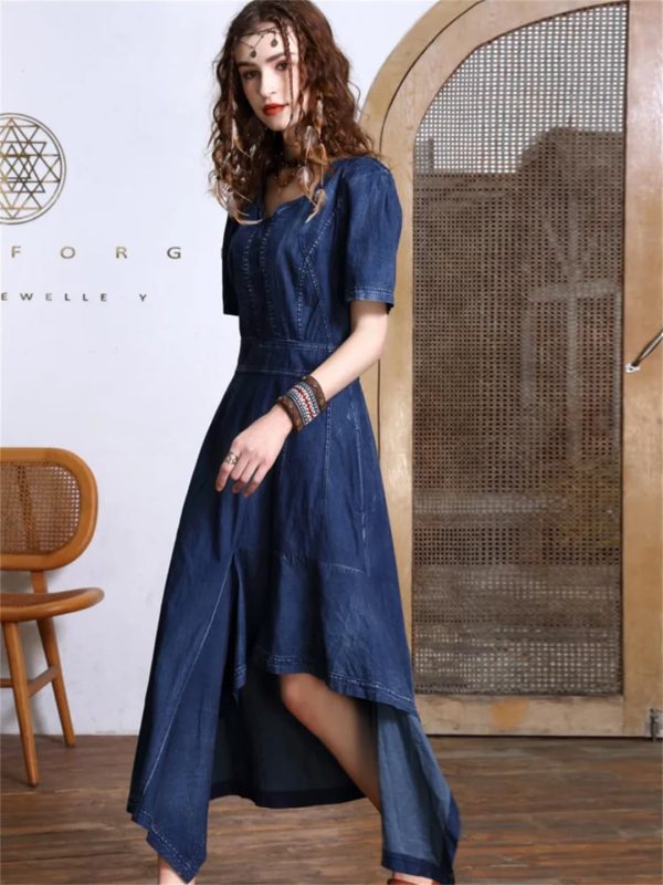 Women Summer Asymmetrical Puff Sleeve Vintage A-Line Jeans Dress V-Neck High Waisted Irregular Denim Dress
