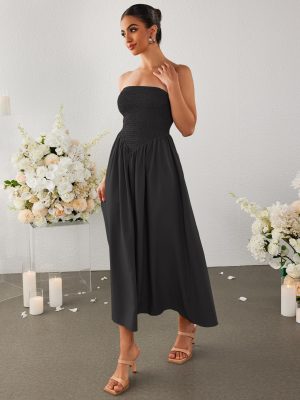 Women's Summer Strapless Midi Sundress Tube Off Shoulder Ruffle Flowy A Line Long Beach Vacation Dresses