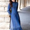 Women Stand Collar Embroidery Split Joint Ruffles A-Line Vintage Slim Embroidery Long Sleeve Denim Dress