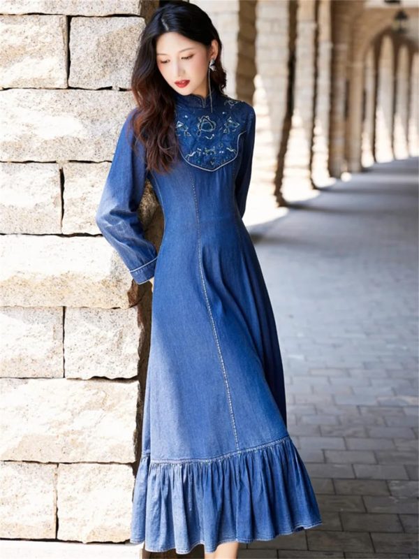 Women Stand Collar Embroidery Split Joint Ruffles A-Line Vintage Slim Embroidery Long Sleeve Denim Dress