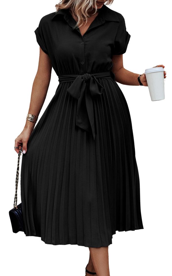 71dJgBZEILL.jpg Womens Casual Midi Dresses Solid V Neck Short Sleeve Button Shirt Belted Dress with Pockets for Spring Summer 2025