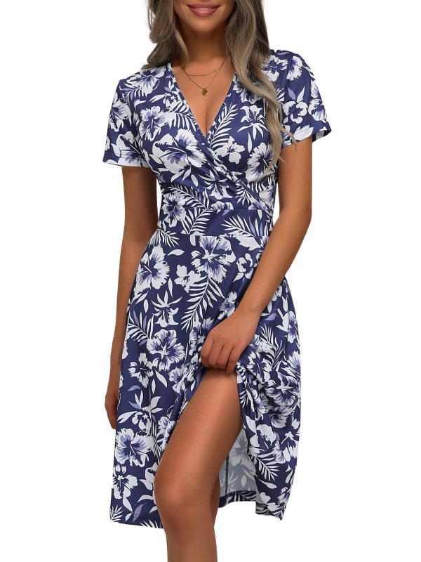 71f-VjsnH1L.jpg Womens Summer Wrap V Neck Casual Dresses Floral Short Sleeve A-Line Midi Sundress