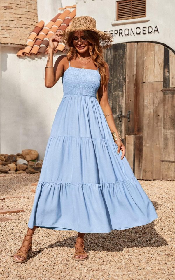 71fQZsUdKbL.jpg Women's Summer Maxi Dress 2025 Casual Boho Sleeveless Spaghetti Strap Smocked Tiered Long Beach Sundresses