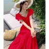 Women's Summer Hollow Out Embroidery Flower Dress Sexy V Neck Flying Sleeve Vacation Long Dress
