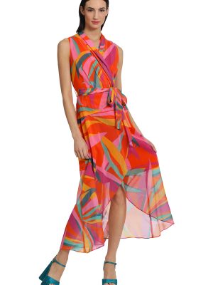 Women's Faux Wrap Shawl Collar High-Low Dress with Waist Tie