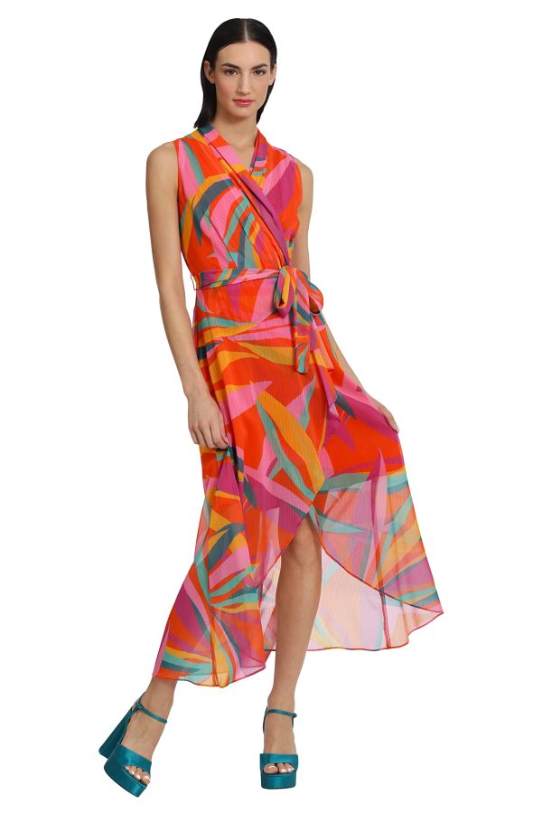 Women's Faux Wrap Shawl Collar High-Low Dress with Waist Tie