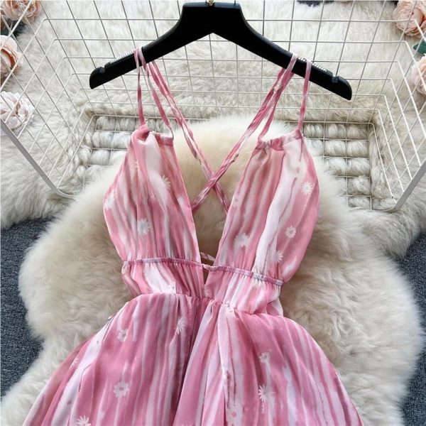 71gR5n0MGFL.jpg Printed Backless Dress Women Summer Criss Cross Flared Midi Beach Skirt Holiday Pleated Party Outfit